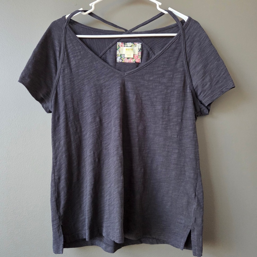 Maeve by Anthropologie Black V Neck TShirt Crisscross Back Short Sleeve Small